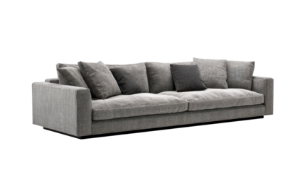 A modern gray sofa with cushions, low profile and soft upholstery texture, shown in a clean side-facing angle, isolated on a white background --ar 16:9 --v 7 Job ID: 06a65e43-0ef2-485b-ba65-bda8815f6a