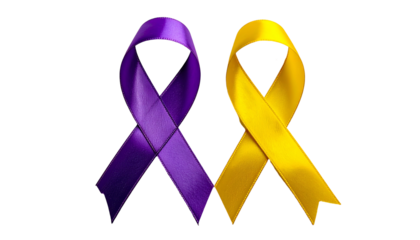 Two vibrant silk awareness ribbons, one purple, the other yellow, against a stark black background