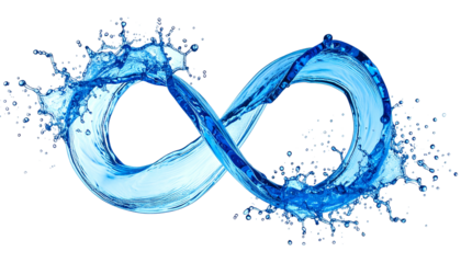 Infinity symbol sculpted from flowing, splashing blue water on a black background
