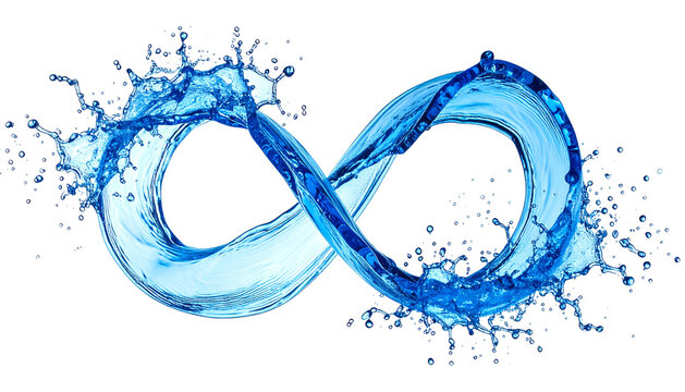 Infinity symbol sculpted from flowing, splashing blue water on a black background