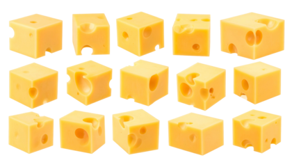 Fifteen cubic yellow blocks of dairy product with holes isolated on a black background