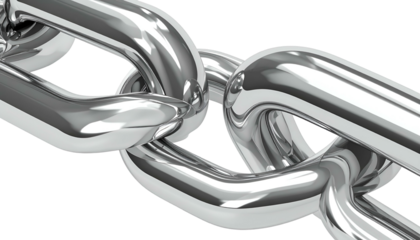 Close-up of intertwined, polished metal chain links against a dark background, gleaming