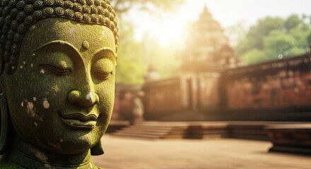 A serene Buddha statue with a serene background.