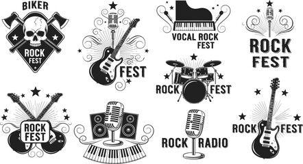 Obraz premium Rock fest logo set, guitar icons, microphone graphics, drum vector, music festival emblems, monochrome rock symbols, bold music design, radio theme