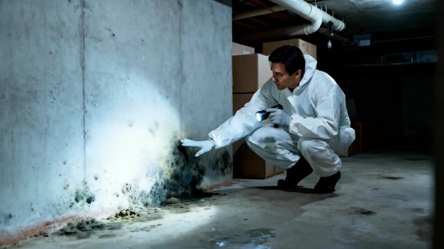 Expert conducts mold assessment in a basement examining damp surfaces and hidden areas to detect mold presence and underlying causes of moisture buildup.
