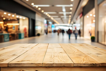 Minimalist Wooden Tabletop with Blurred Store Background.