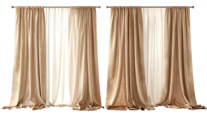Beige, layered window coverings on rods, casting soft shadows, black background