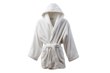 White hooded bathrobe with waist belt tied, soft plush terry texture, defined hood and sleeves, realistic draped folds and cozy clean look isolated on transparent background.