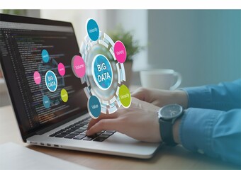 Close up of a man using a laptop, big data concept, technology AI coding