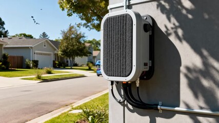 Medium shot showing innovative noise reduction gear enhancing comfort in a peaceful suburban neighborhood during the day