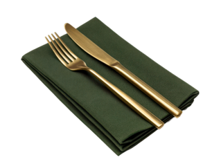 Folded dark green napkin with gold toned fork and knife arranged diagonally, metallic sheen, crisp fabric folds, clean edges, minimal elegant table setting isolated on transparent background.
