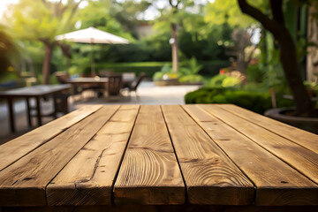 Weathered Wood Tabletop with Blurred Nature Background.