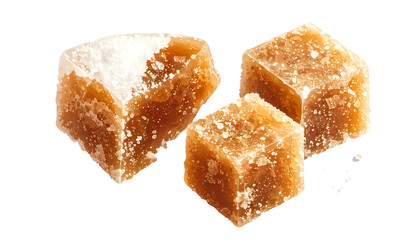 Three amber-colored, sugar-dusted, square confections, likely a type of candy or caramel