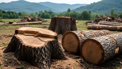 Cut tree stumps and logs in a deforested area with mountainous green forest background