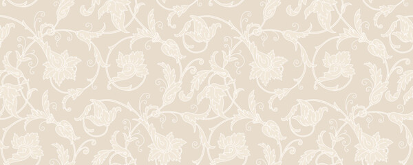Obraz premium Elegant ivory beige floral vector pattern with chinoiserie motifs, vintage botanical blooms, and intricate traditional leaves for sophisticated textile designs