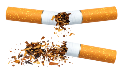 A broken cigarette, with tobacco spilling out, against a black background