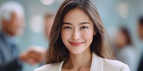 Professional woman smiling confidently in business environment with colleagues engaging in conversation. Business setting showcases teamwork and collaboration among professionals.