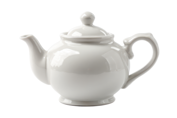 White ceramic teapot with rounded body, curved handle and spout, fitted lid on top with clean glossy surface and subtle reflections, isolated on transparent background.
