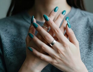 Fototapeta premium elegant woman’s hands featuring teal manicure and a refined ring, gray sweater sleeves framing the composition, chic fashion detail shot, photorealistic close-up, high-end style photography