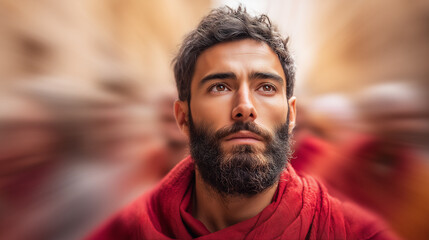 Obraz premium Portrait of contemplative man with beard in red robe in bustling street, capturing spiritual essence. Focus on man surrounded by motion, reflecting peace and mindfulness. Concept for spirituality.