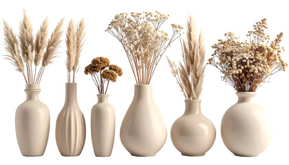 Six ivory vases, each with varying dried floral arrangements, sit against a black background