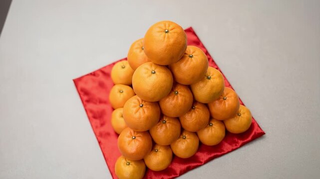 Fresh oranges stacked in a pyramid on red silk