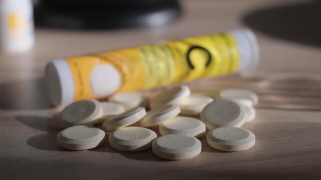 Soluble effervescent tablets of vitamin C lie on the table, close-up
