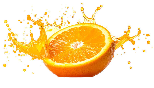 Bright orange fruit cut in half with juice exploding outwards against a black backdrop