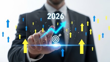 Businessman touching virtual target with upward arrows and 2026 projection