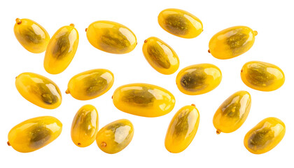 Isolated yellow oblong fruit slices with seed details, arranged on black background