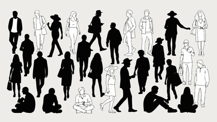 Obraz premium A diverse collection of adult male and female figures in various poses, depicted as both solid silhouettes and clean outlines. These graphic elements represent urban crowds and population groups,