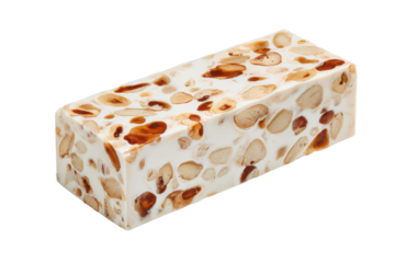 Rectangular nougat cereal bar block with visible nuts embedded throughout, creamy white base with tan nut pieces and clean cut edges with detailed texture, isolated on transparent background.
