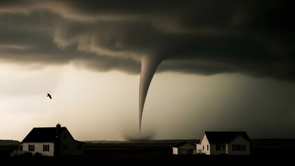 Dark funnel cloud tornado descending over rural houses in moody sepia toned landscape