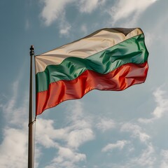 The Bulgarian flag waving in the wind against a blue sky with clouds