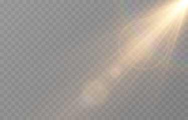 Vector realistic light PNG. Sun with rays and glare PNG. Sunlight or dawn on transparent background. Golden light.