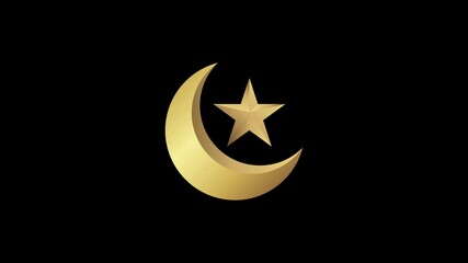 Golden crescent moon and star on black background. 4K elegant Islamic symbol animation for Ramadan Kareem, Eid Mubarak greetings, religious celebrations and spiritual night themes.