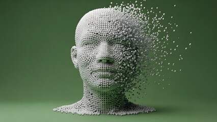 Disintegrating white polygonal human head on green background with scattered particles
