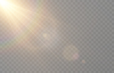 Vector realistic light PNG. Sun with rays and glare PNG. Sunlight or dawn on transparent background. Golden light.