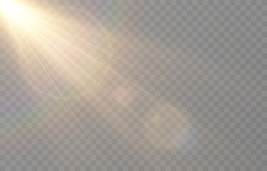 Vector realistic light PNG. Sun with rays and glare PNG. Sunlight or dawn on transparent background. Golden light.