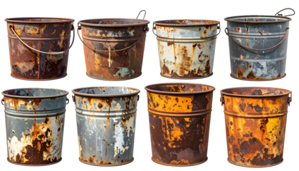 Eight weathered metal buckets with varying degrees of rust, arranged in two rows