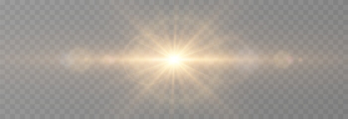 Vector realistic light PNG. Sun with rays and glare PNG. Sunlight or dawn on transparent background. Golden light.