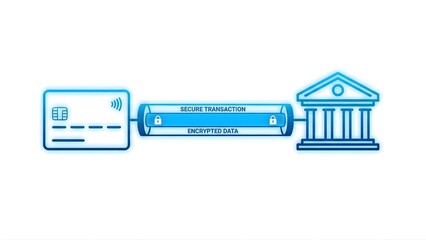 Secure online banking concept showing an encrypted data tunnel between a credit card and bank building. Represents safe financial transactions, digital payment security, and fintech protection.