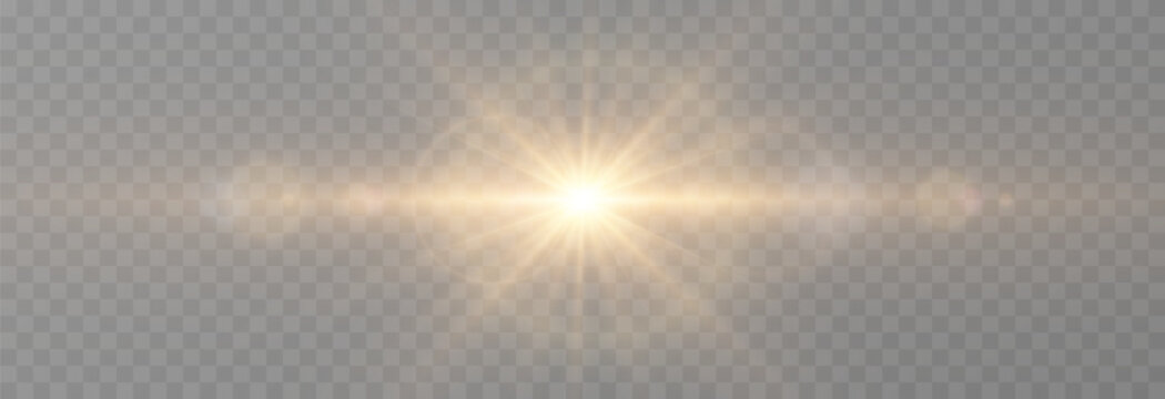 Vector realistic light PNG. Sun with rays and glare PNG. Sunlight or dawn on transparent background. Golden light.