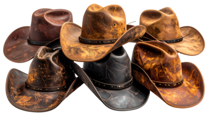 Six weathered cowboy hats in various shades of brown and black, arranged artfully