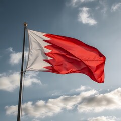 The flag of Bahrain waving in the wind against a cloudy sky