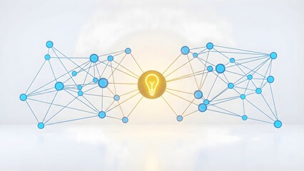 Bright glowing lightbulb connecting two digital networks on a white background. Concept for creative solutions, innovation, shared ideas, and brainstorming through technology and connectivity.