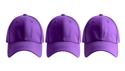 Three purple baseball caps arranged horizontally against a stark black background