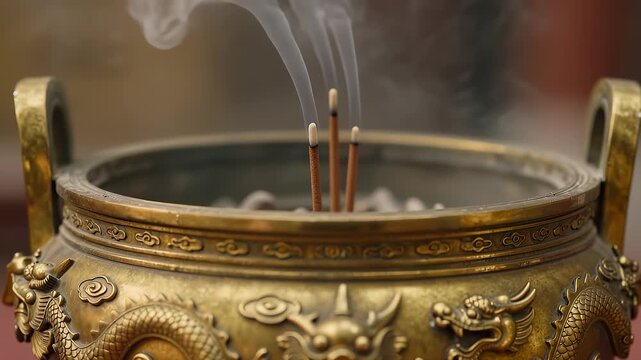 Incense sticks burning in a bronze dragon censer with smoke