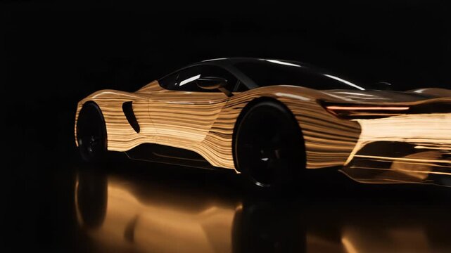 A sleek sports car with a wooden body driving on a road at night with headlights on