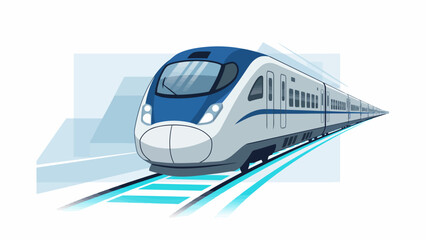 A fast passenger locomotive in motion travels along a high speed urban railroad track for a transit journey from a city metro station platform